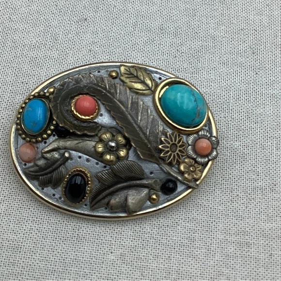 Michel Golan unique turquoise Onyx and Coral brooch - Picture 5 of 6